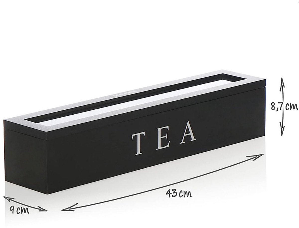 Tea Box - Tea Box 6 Compartments - Wooden Tea Box - Suitable for Loose Tea - 43 × 9 × 8.7 cm - Black