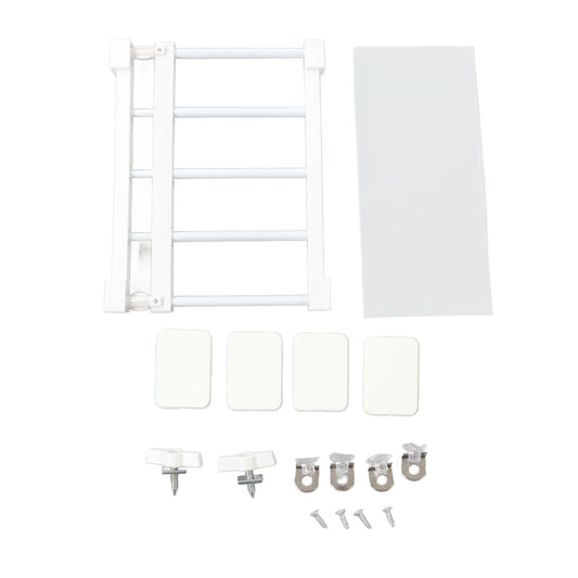 White expandable tension rod shelf rack with four open shelves and mounting brackets