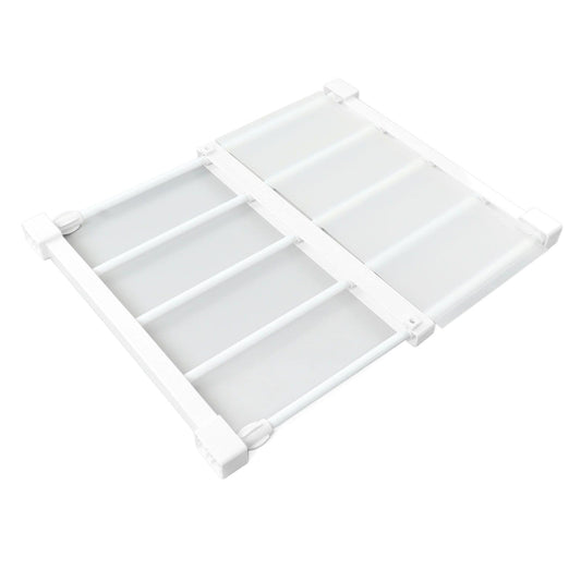 White expandable shelf rack with slatted support and side tension rods