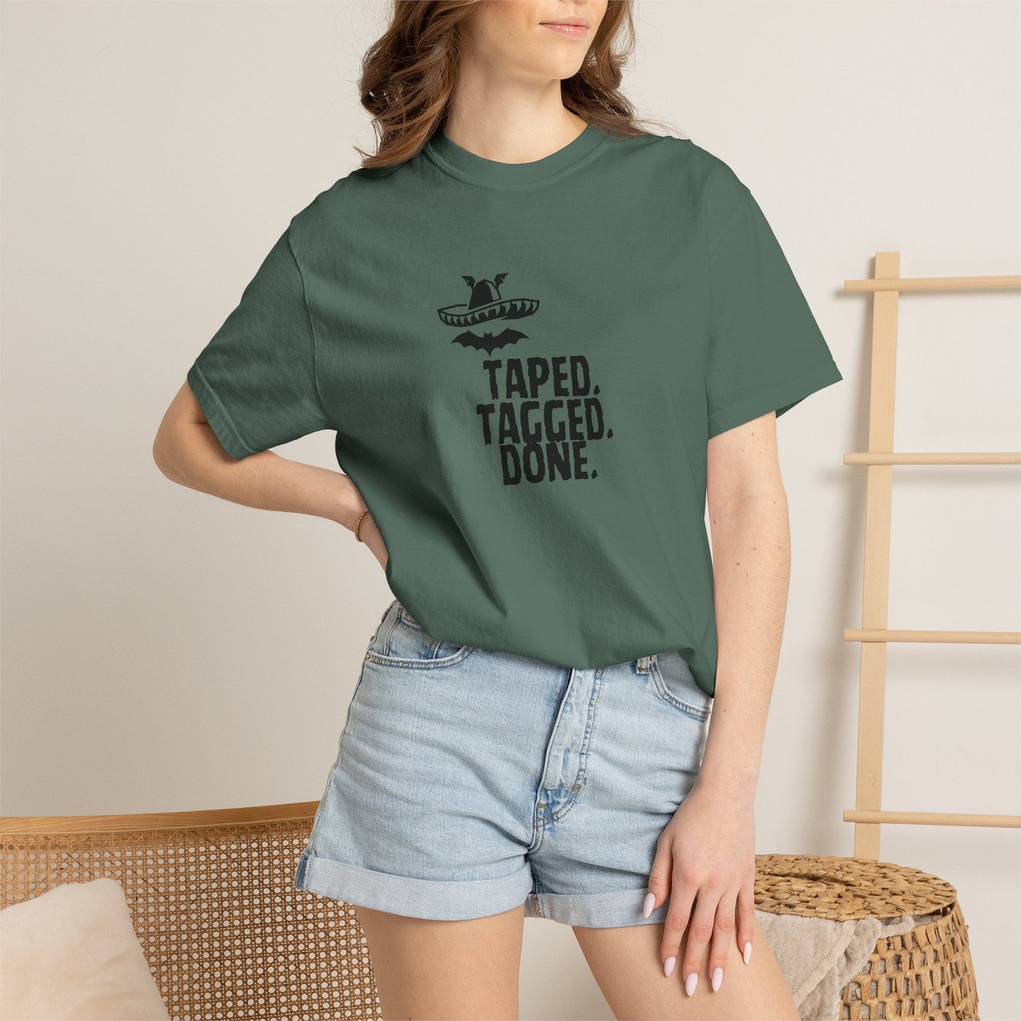 The Midnight Mariachi Taped Tagged Done Graphic Tee  Bat Sombrero Heavyweight Cotton Shirt