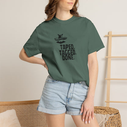 The Midnight Mariachi Taped Tagged Done Graphic Tee  Bat Sombrero Heavyweight Cotton Shirt