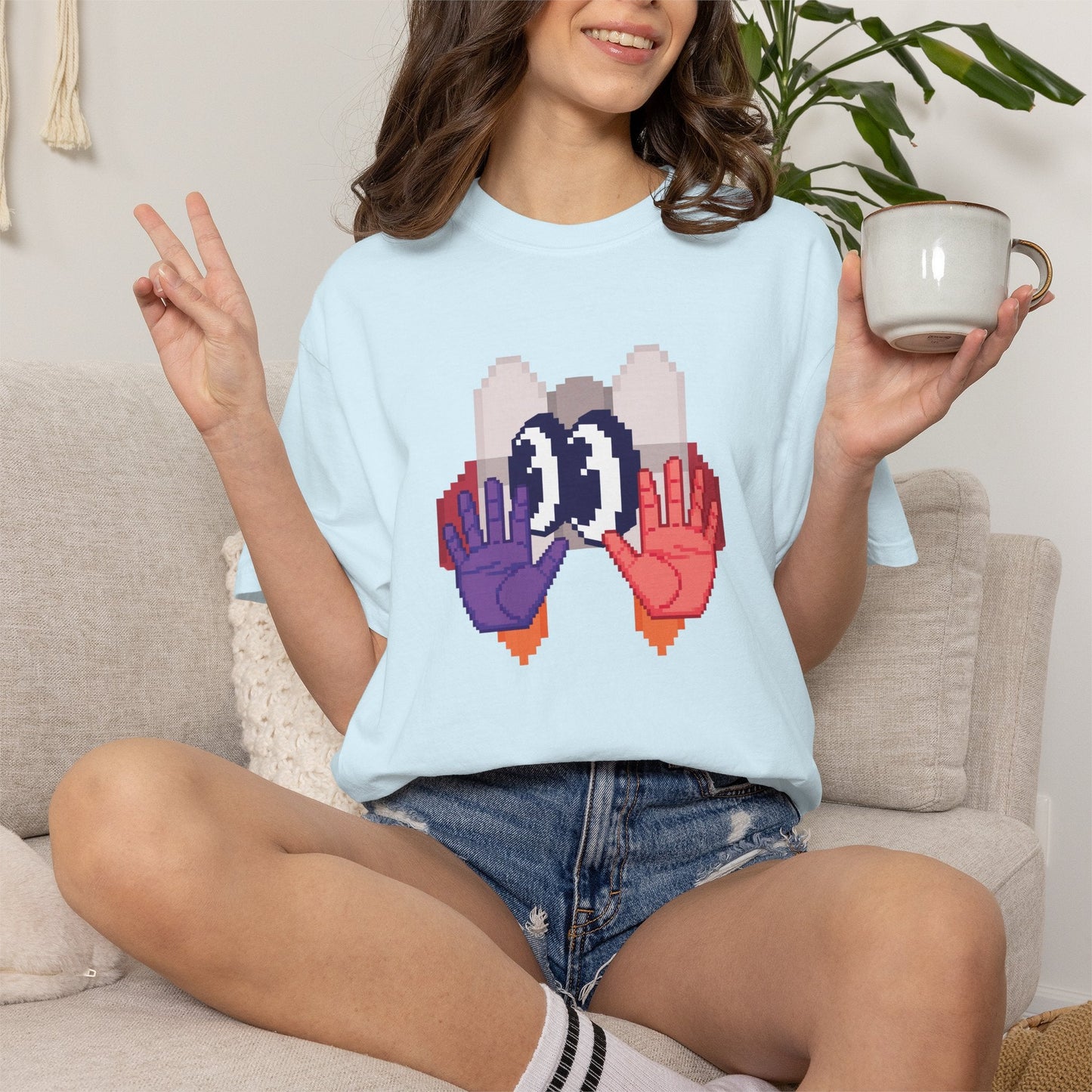 Retro Pixel Mechanical Hands Graphic Tee Garment Dyed Pixel Art Streetwear Shirt  Designed by Aprasi  S to 3XL
