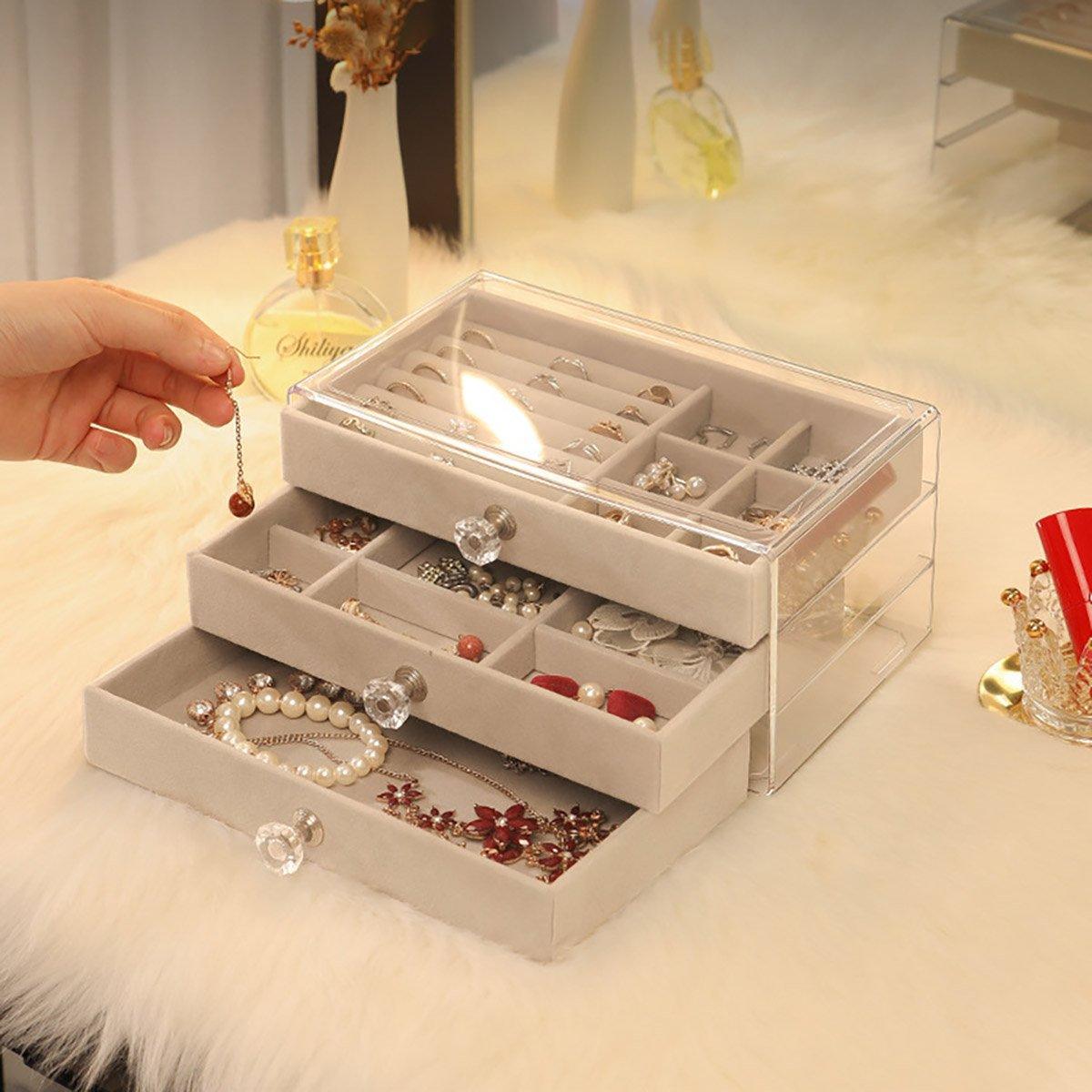 Three Layer Flannel Jewelry Storage Box Dustproof Drawer Organizer for Earrings - Grey
