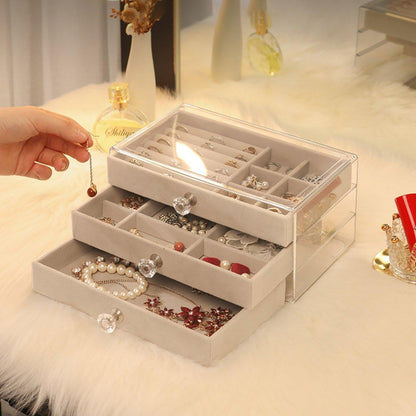 Three Layer Flannel Jewelry Storage Box Dustproof Drawer Organizer for Earrings - Grey