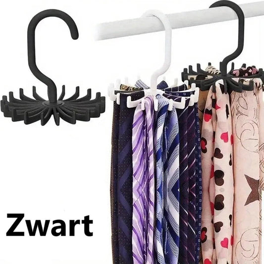 Black tie hanger rack with curved hook and multiple clip loops holding ties
