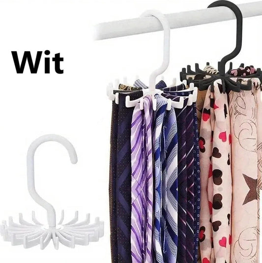 White multi-hook tie organizer hanger holding assorted patterned ties