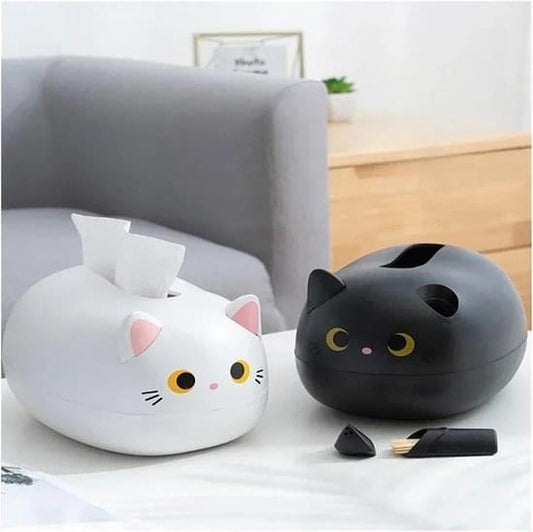 Cat tissue box holder set: white and black with tissue openings and faces