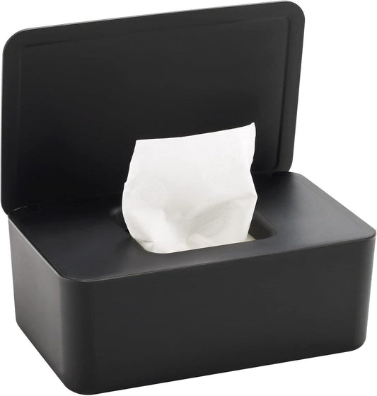 Black tissue and wipe dispenser box with open lid and tissues inside