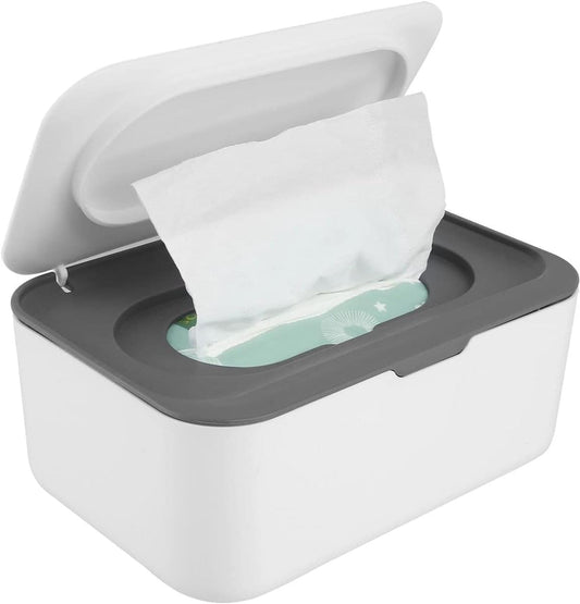 White tissue dispenser box with open gray lid and tissues ready for use