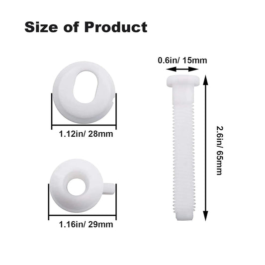 White plastic toilet seat hinge bolt with washer, 15mm length and 28mm ring size