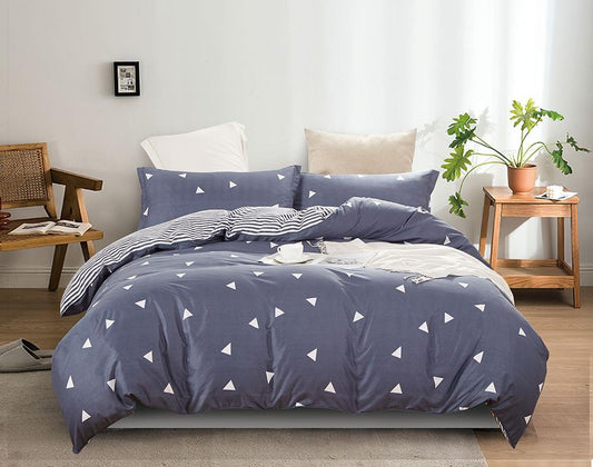 Queen duvet cover set with navy blue triangle pattern and striped accent bedding
