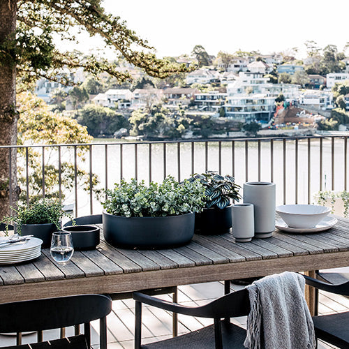 Tops Off planters with succulents in a dark grey pot on a wooden table