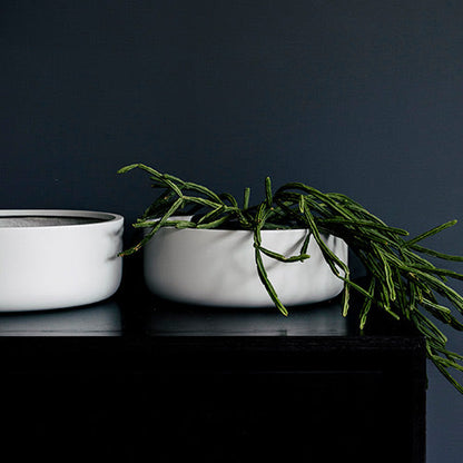 Tops Off planters with green herbs in a white pot and another white pot nearby