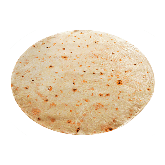 Blanket throw rug in cream with orange-brown speckled tortilla-style print, round shape.