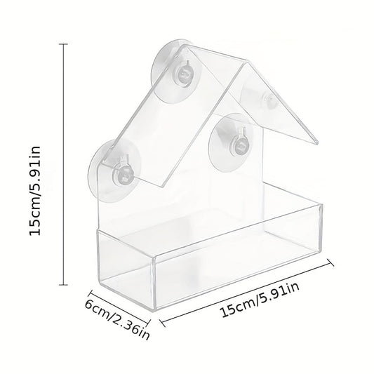 Transparent house-shaped bird feeder container with dimensions 15cm and 6cm