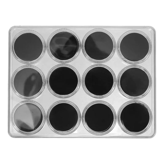 Clear plastic storage box with lid and 12 round black insert compartments
