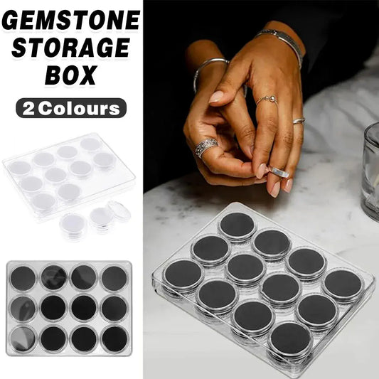 Clear gemstone storage organizer with lid and 12 round compartments with black inserts