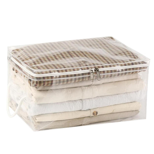 Transparent zipper storage bag holding folded blankets and sheets, plaid top
