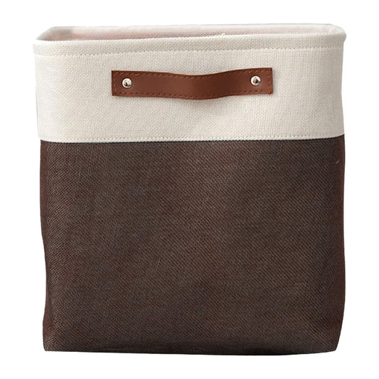Two-tone fabric storage bag with brown base and beige top strap, closed zipper design