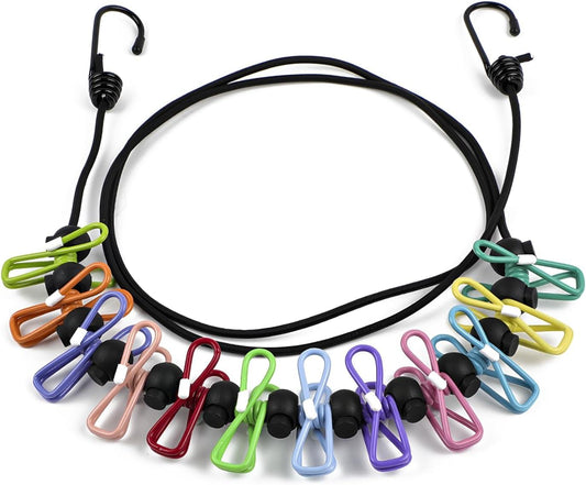 Portable elastic clothesline with black cord and 12 multicolor clips, two end hooks