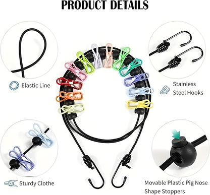 Travel Clothesline, Portable Clothes Line Outdoor with 12 Clips Elastic Clothesline for Indoor Outdoor Balcony Travel Camping Accessories(Multicolour)