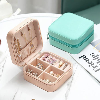 Travel Jewelry Organizer Box Portable Leather Storage Ornaments Ring Earrings - Blue (10x10x5cm)