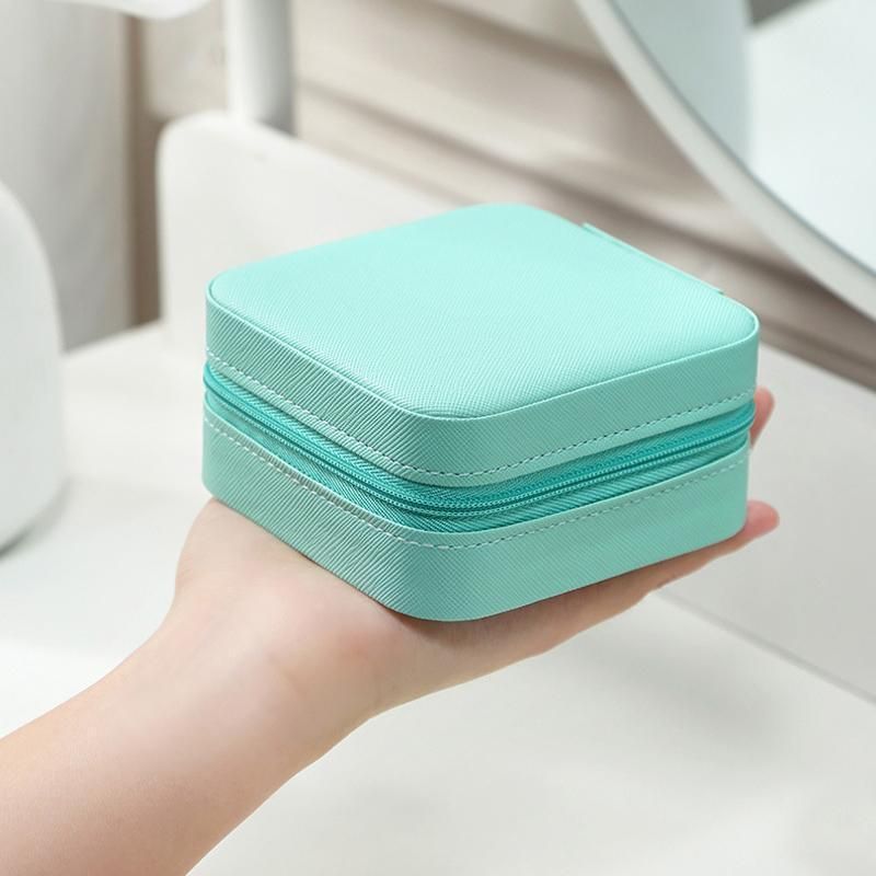 Travel Jewelry Organizer Box Portable Leather Storage Ornaments Ring Earrings - Blue (10x10x5cm)