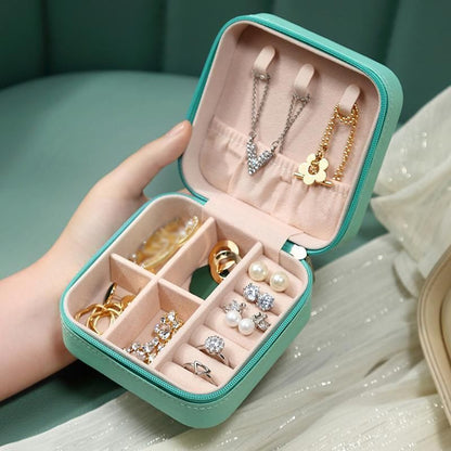 Travel Jewelry Organizer Box Portable Leather Storage Ornaments Ring Earrings - Blue (10x10x5cm)