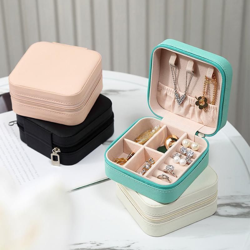 Travel Jewelry Organizer Box Portable Leather Storage Ornaments Ring Earrings - Blue (10x10x5cm)