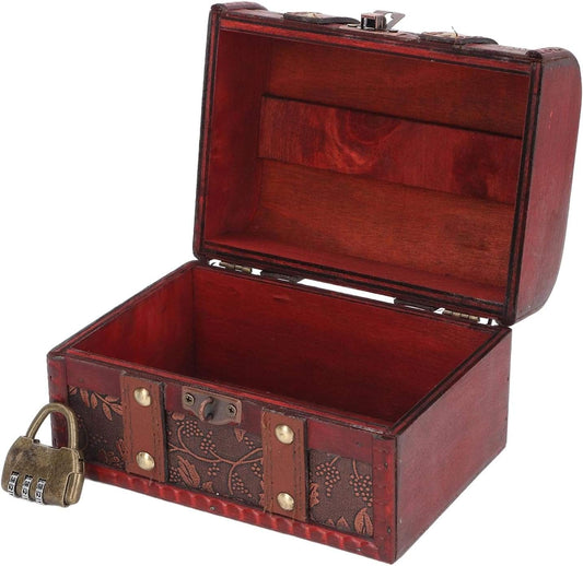 Vintage wooden treasure chest with hinged lid and front lock, red-brown finish