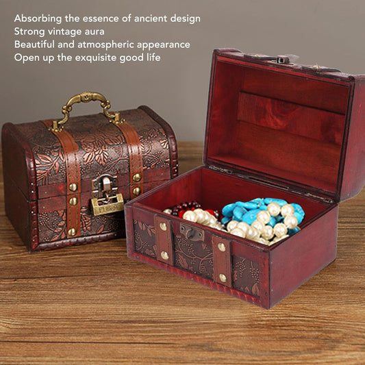 Vintage wooden treasure chest with lid open, red interior and front padlock