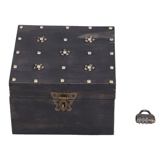 Dark wooden treasure storage box with studded top and ornate front lock clasp