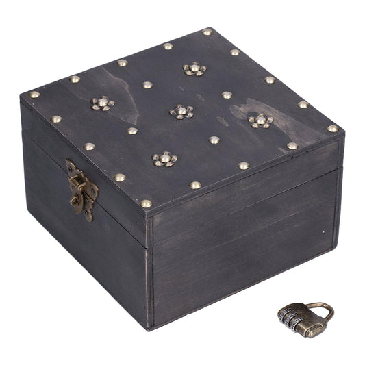 Dark wooden treasure storage box with studded lid and side metal latch