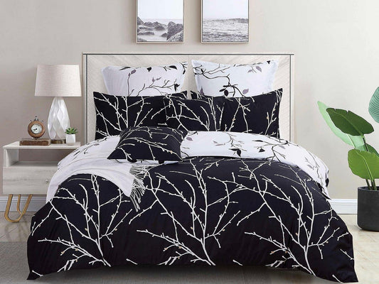Reversible double quilt/duvet set with black and white tree branch pattern bedding