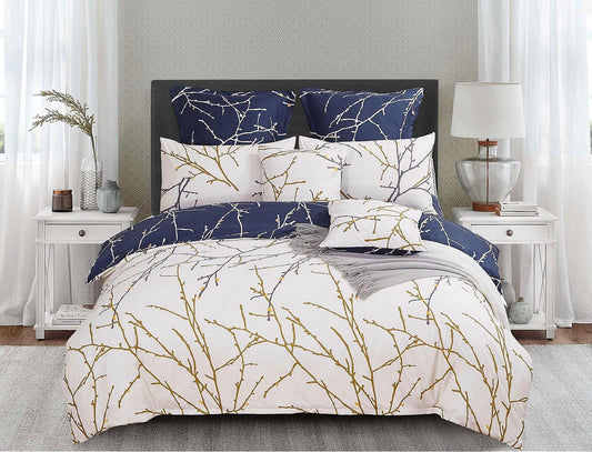 Reversible queen quilt cover set with navy and cream tree-branch design and matching shams