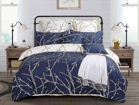 Reversible super king duvet cover set with navy and cream tree branch pattern