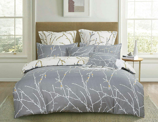 Grey duvet quilt cover set with white and green branch pattern, 2 pillowcases