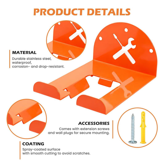 Orange trimmer rack wall mount with open tool cradle and visible mounting holes