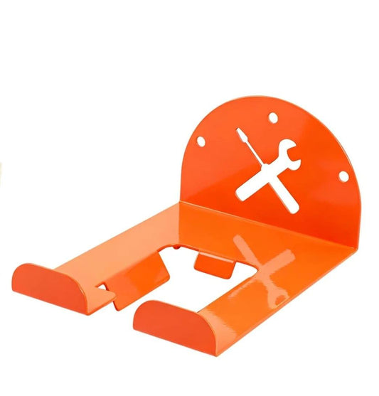 Orange trimmer rack wall mount with four tool holders and mounting holes