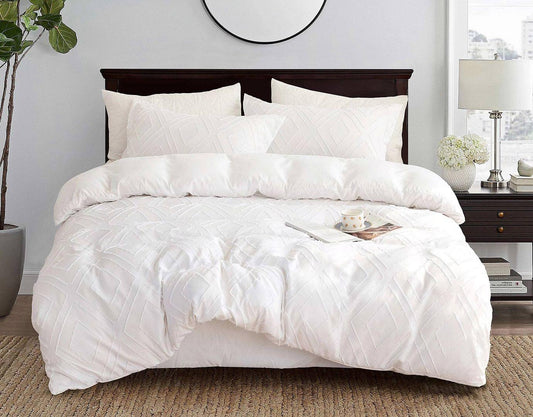 White super king duvet cover set with tufted diamond jacquard pattern