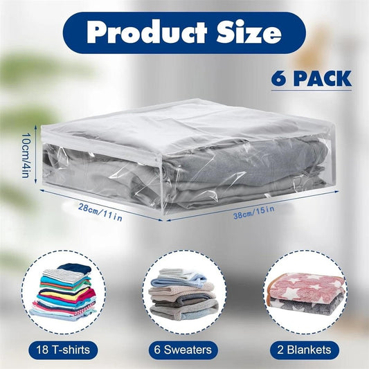 Clear zipper storage bags, 6-pack style, organizing folded clothing in cube storage