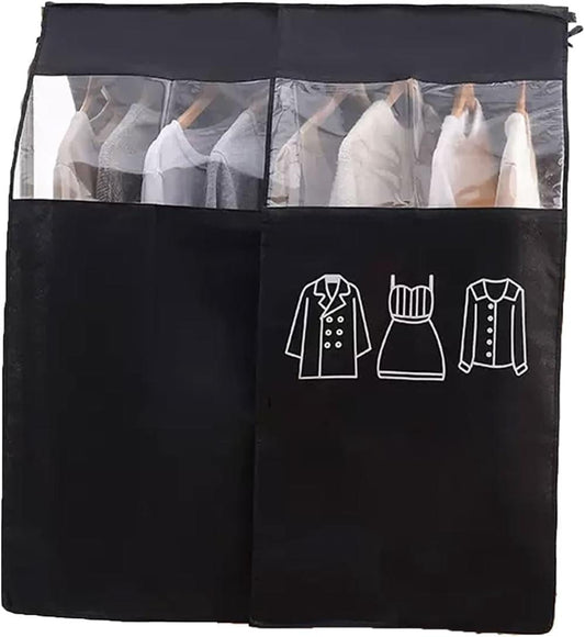 Black garment rack cover with clear window for hanging clothes, dust-protective