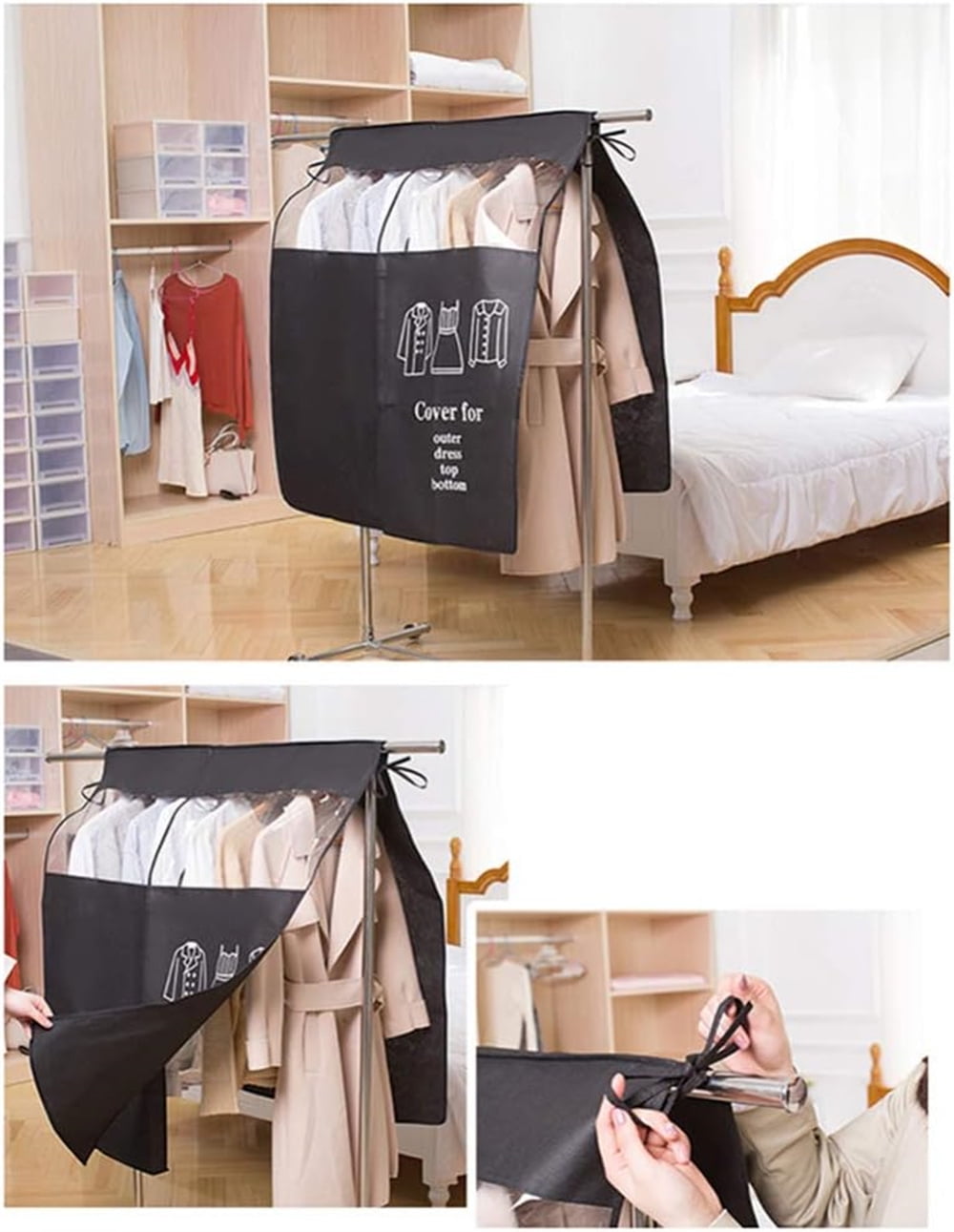 Tutuviw Black Clothing Rack Covers, Hanging Garment Bag Organizer Storage Cover Closet Storage Bottom Enclosed Garment Rack Cover Dustproof Protector