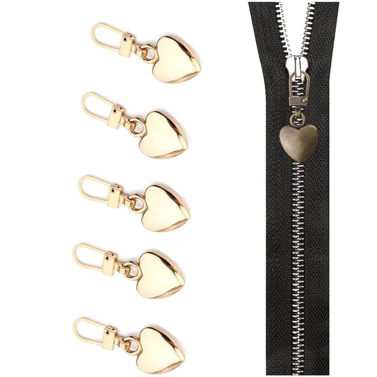 Heart-shaped metal zipper pull charms with gold finish and keyring clips