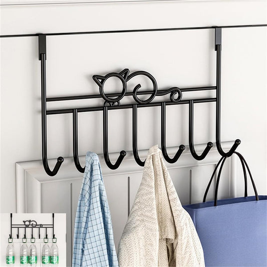 Black over-the-door coat rack with cat-shaped hooks and seven hanging hooks visible