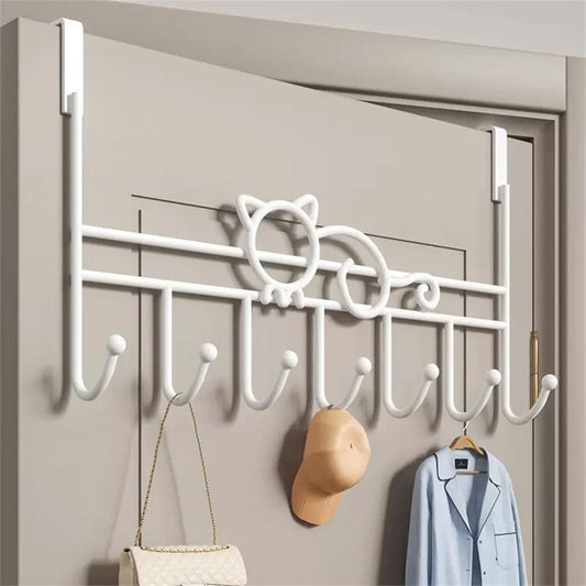 Over-the-door coat rack with cat-shaped top and 7 white hooks, punch-free design