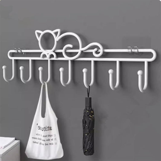 Over-the-door coat rack with cat-shaped rings and 7 white hooks, hanging bag