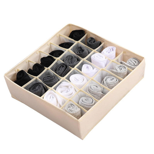 Beige foldable drawer organizer with 24 fabric cells for neatly folded socks