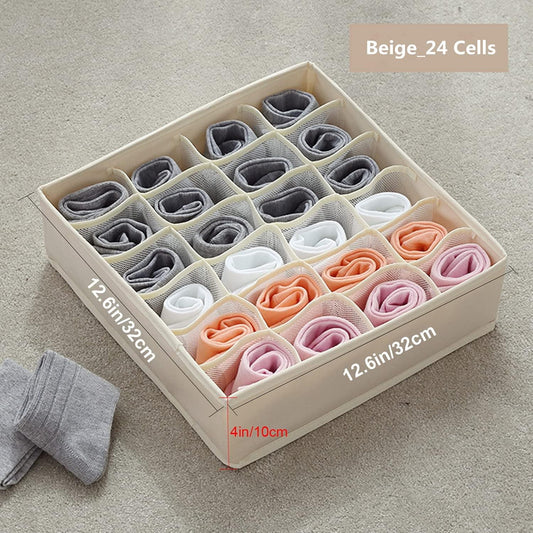 Beige 24-cell drawer organizer with mesh dividers for socks and underwear