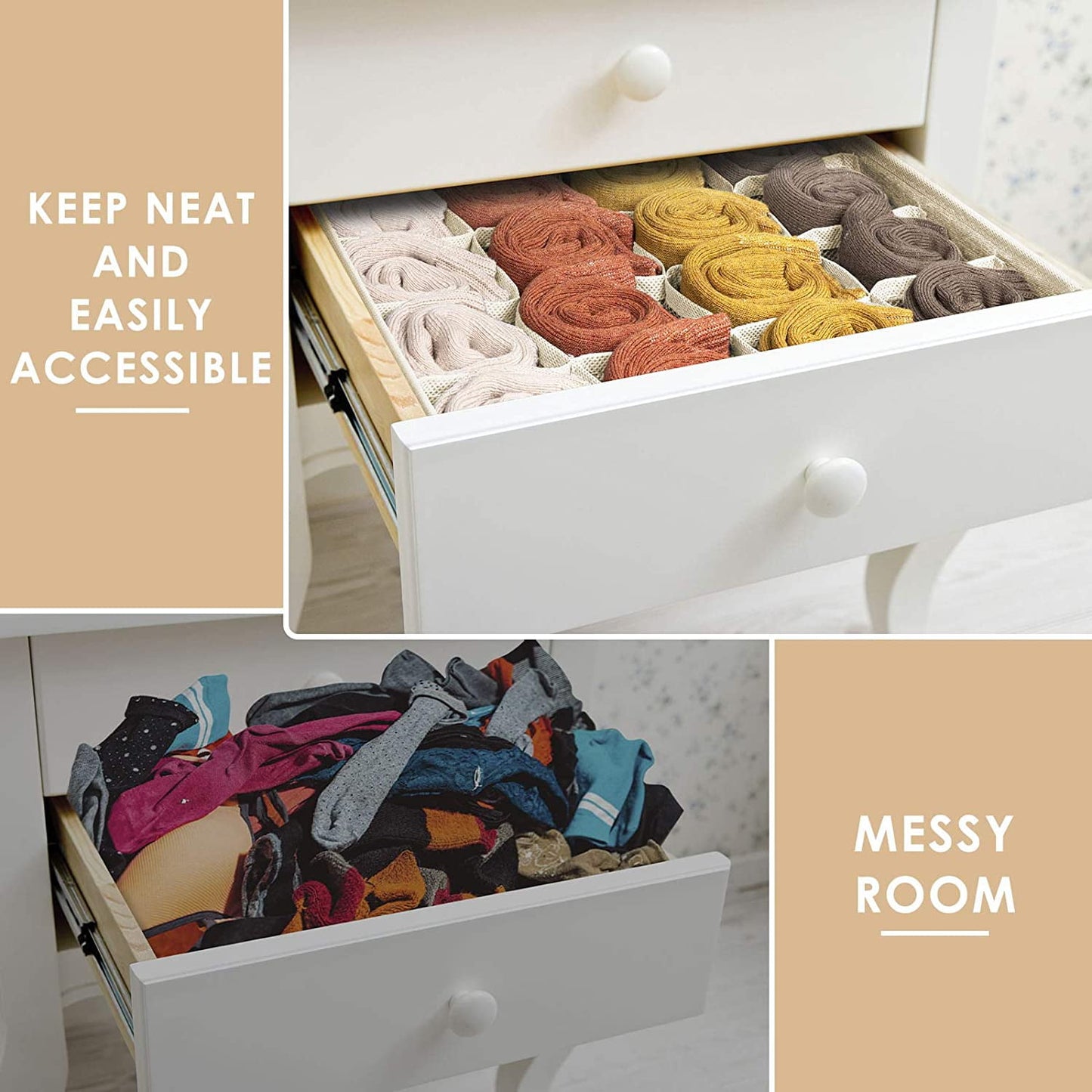 Tutuviw Wardrobe Clothes Organizer for Jeans, Upgraded Drawer Organizers for Clothing with Handle Foldable, Drawer Organizers Clothes(Gray,1PCS-M) 1PCS-24 Cell Beige
